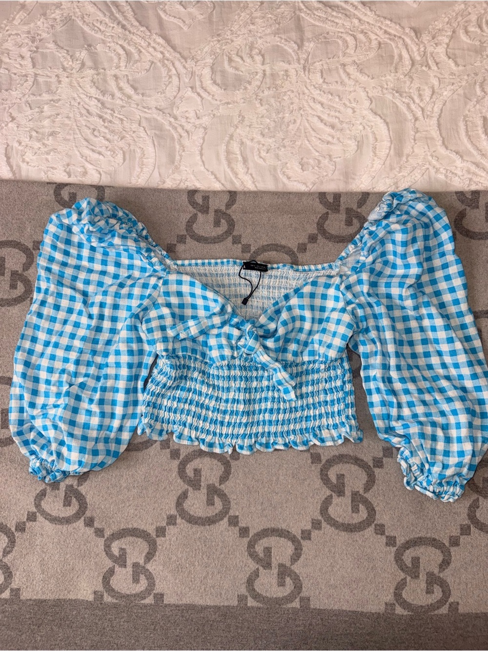 Zara Blue Gingham Smocked Puff-Sleeve Crop Top
